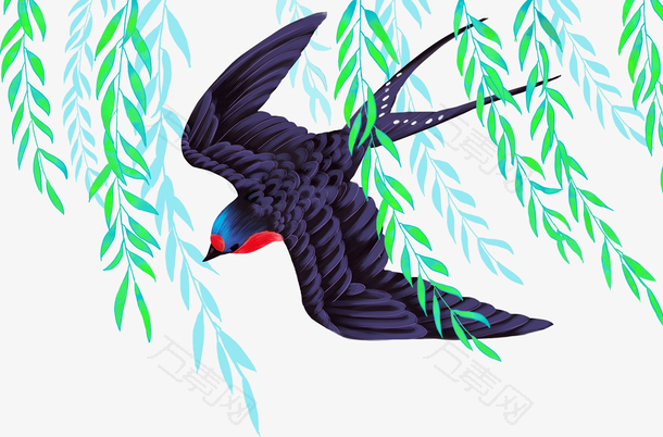 手绘装饰燕子柳枝插画