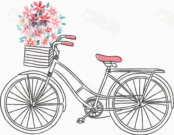 手绘卡通漫画自行车花卉插图