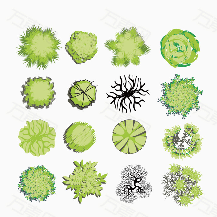 景观装饰树木 平面绿色植物 卡通树 树木插画