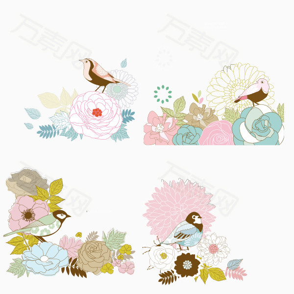 小鸟 鲜花 手绘 粉色花朵 唯美 春天