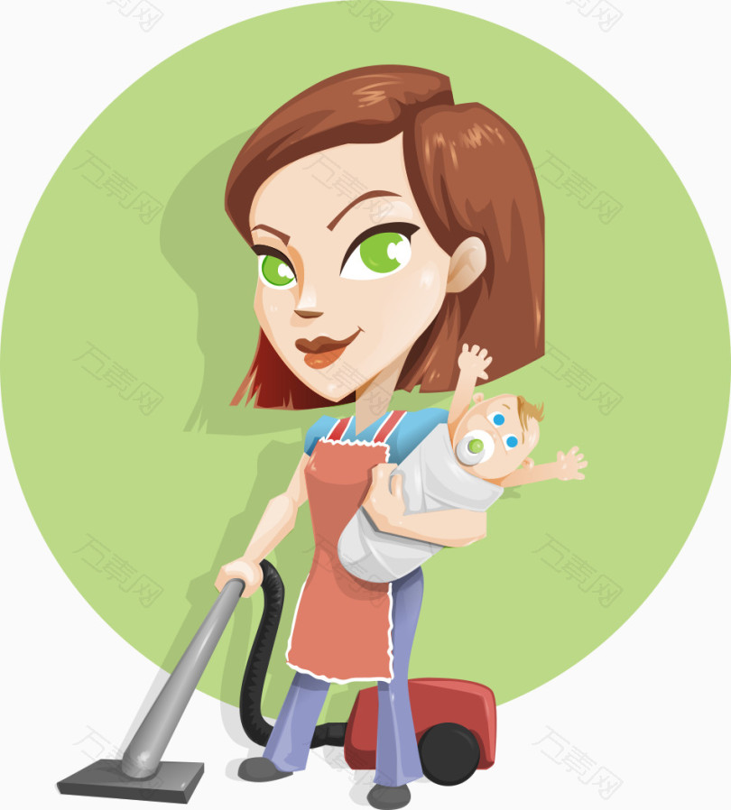 卡通手绘家庭主妇吸尘器抱婴儿