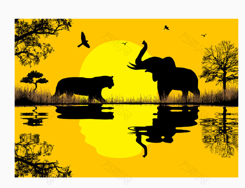 免抠元素 装饰元素 矢量黄色背景和谐唯美大自然象豹  图片素材详细