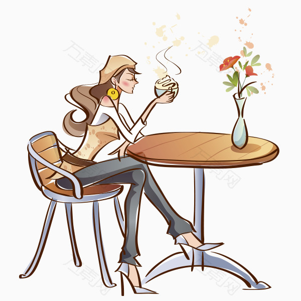 手绘美女喝咖啡插画图片