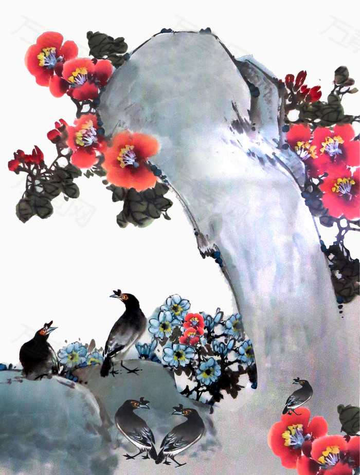 石头花朵小鸟水墨画