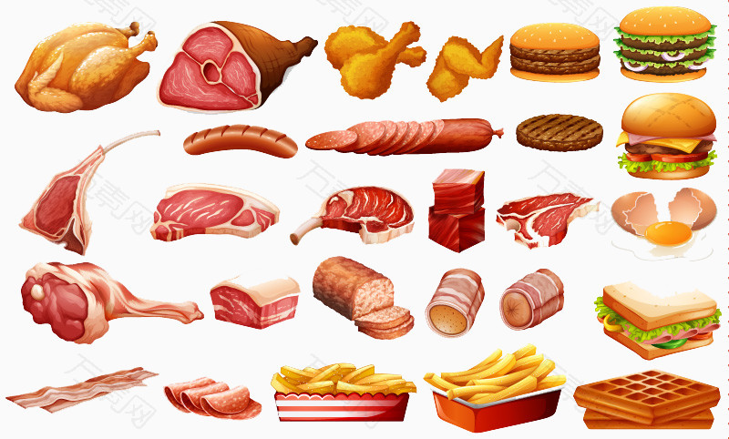 快餐现代肉类速食品素材_卡通手绘_800*482px_编号