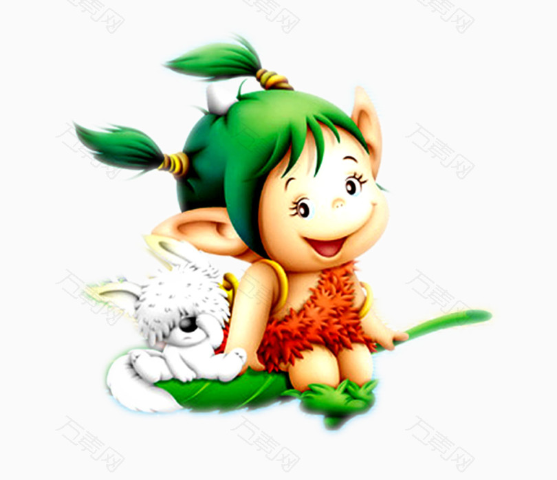 坐着树叶带着宠物的卡通森林小野人