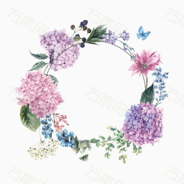 矢量图 蝴蝶 蓝莓 花朵 手绘文艺花环 彩色