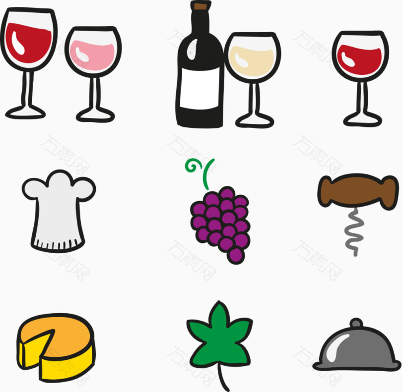 9款简笔画葡萄酒元素图标