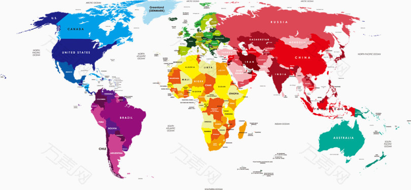 矢量彩色世界地图素材英文