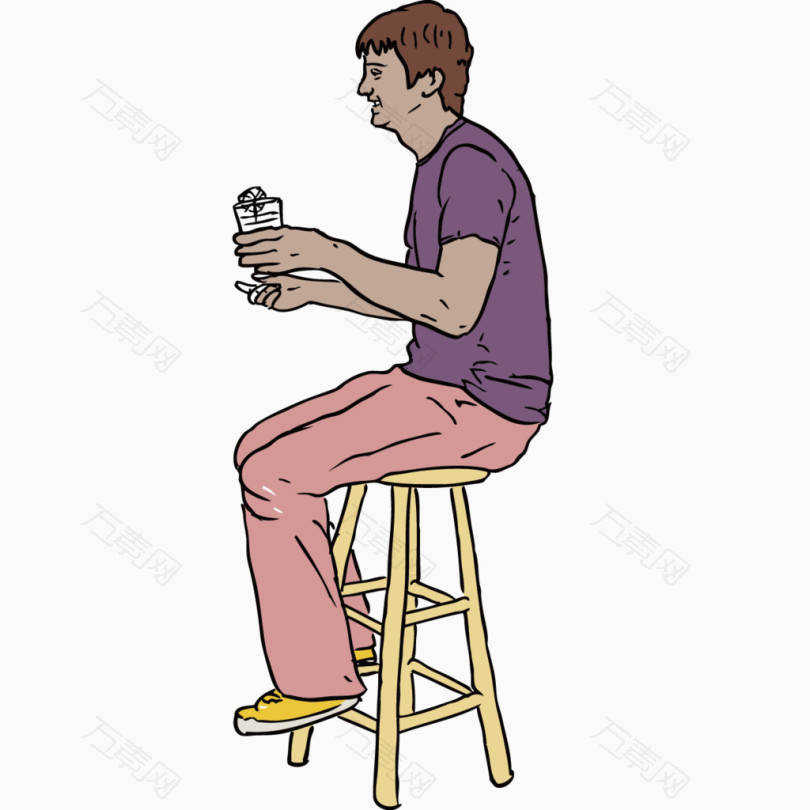 坐凳子上喝水的人