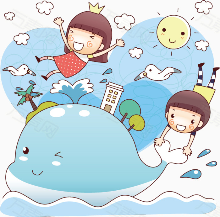 大海 鲸鱼 海鸥 夏日元素 彩色 手绘 卡通动漫 儿童 插图插画