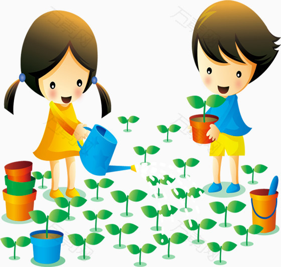 免抠元素 浇花的小男孩小女孩万素网提供浇花的小男孩小女孩卡通手绘