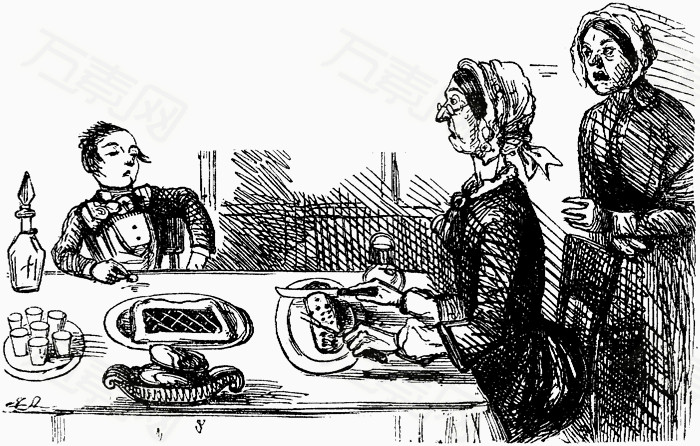 母子吃饭黑白素描画