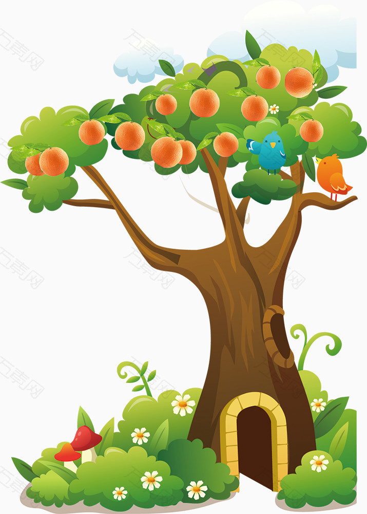 橘子树云朵站在树上的小鸟卡通手绘