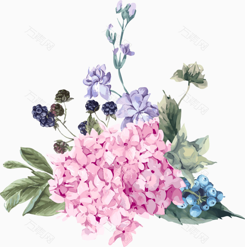 手绘水彩粉色绣球花 免抠元素图片_元素素材343832