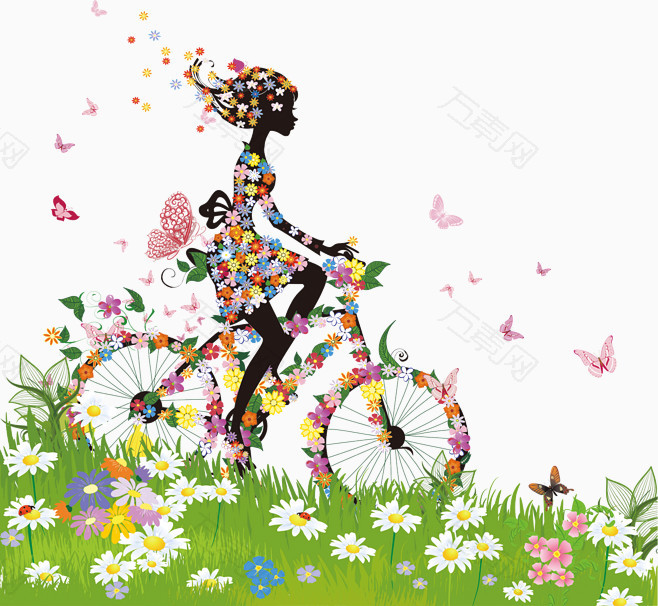 春天骑单车美女剪影手绘水彩免抠元素图片-元素素材386368-万素网