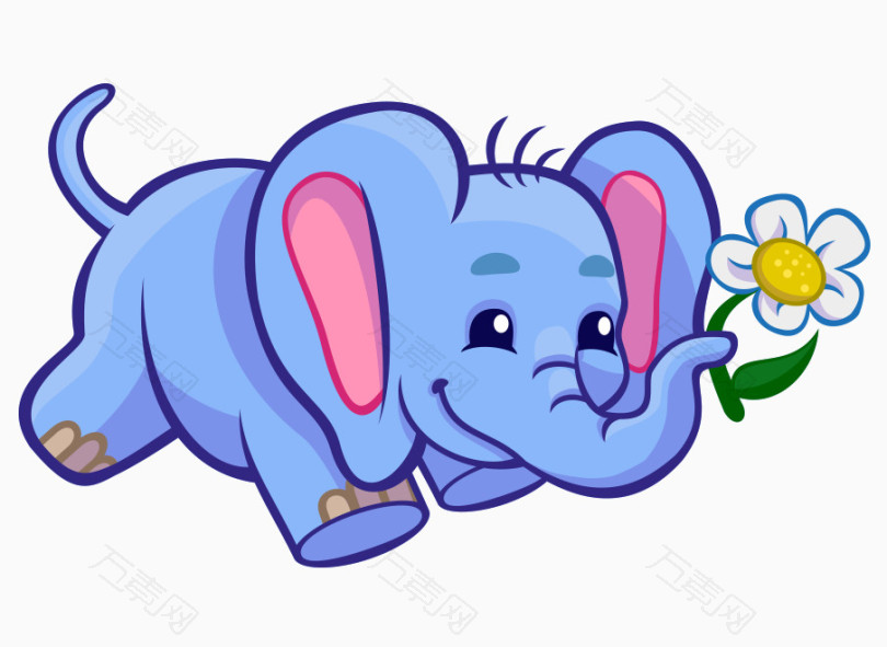 卡通手绘蓝色可爱大象叼花