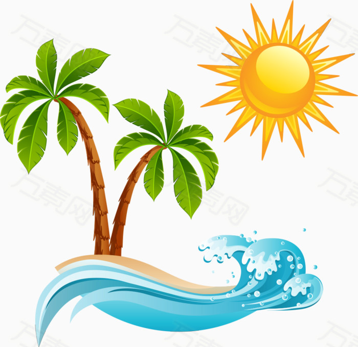 椰树,海浪,太阳,卡通太阳,植物