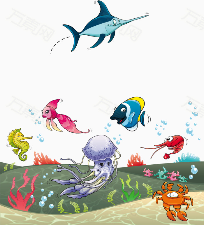 卡通海底鲨鱼水母矢量素材