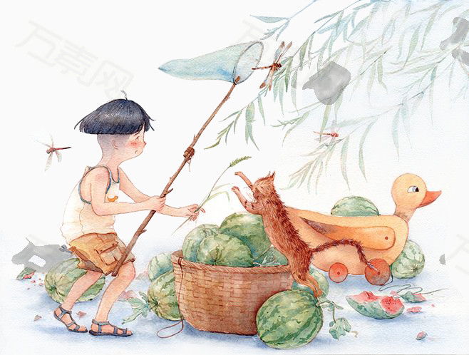 扑蜻蜓 小孩 水彩 插画 卖西瓜 猫咪 鸭子 夏天 玩耍