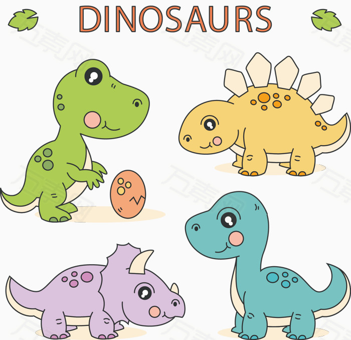 矢量手绘四只卡通恐龙