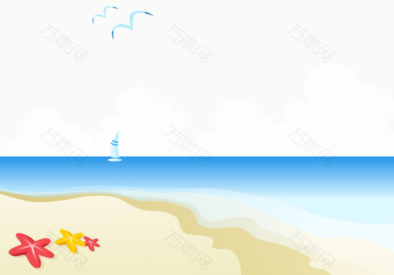 卡通手绘蓝色海水沙滩海星