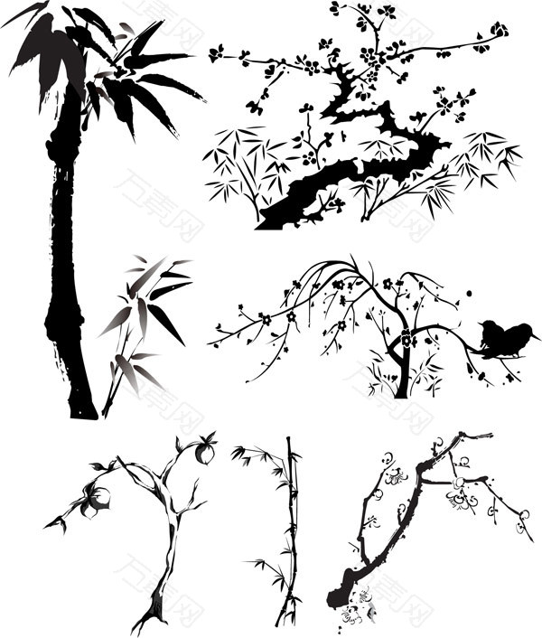 水墨植物矢量