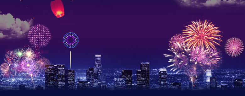 城市夜空梦幻烟花紫色banner