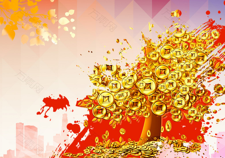 几何渐变金币摇钱树理财海报背景素材