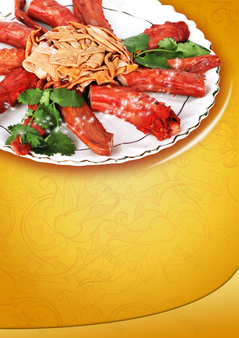 中国风美食卤味鸭脖千张香菜黄色背景素材