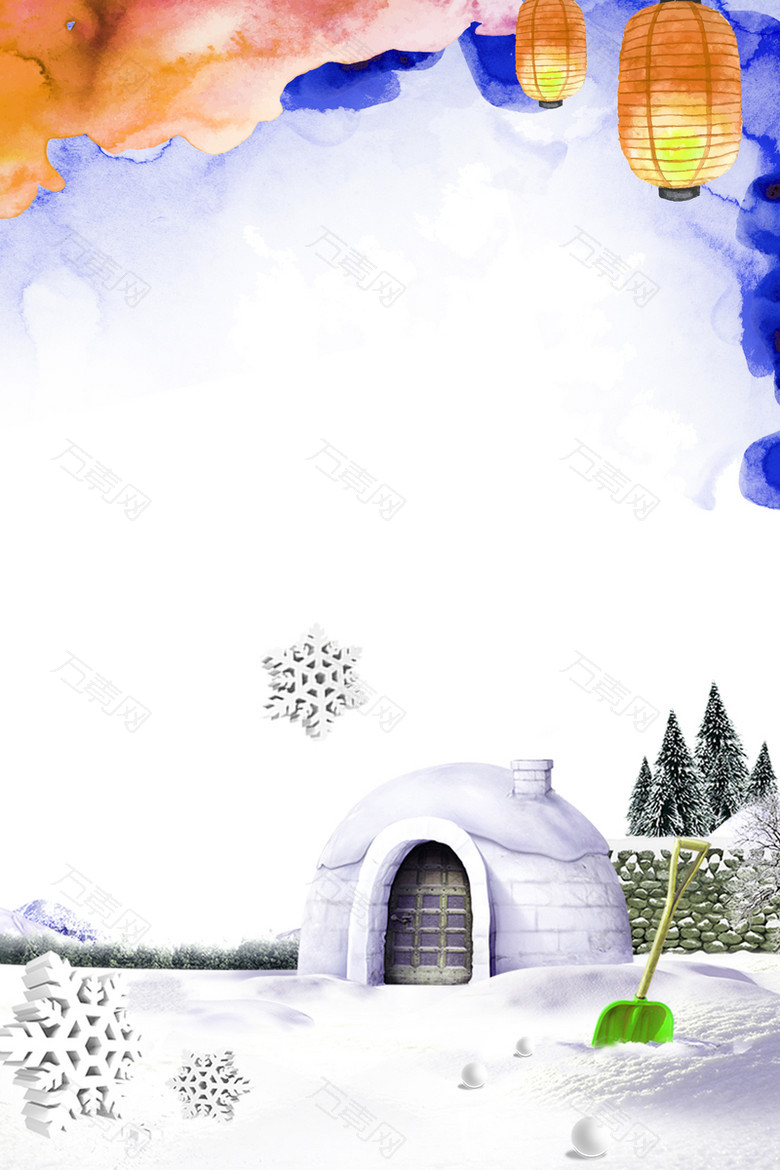彩色水墨灯笼冰雪背景素材
