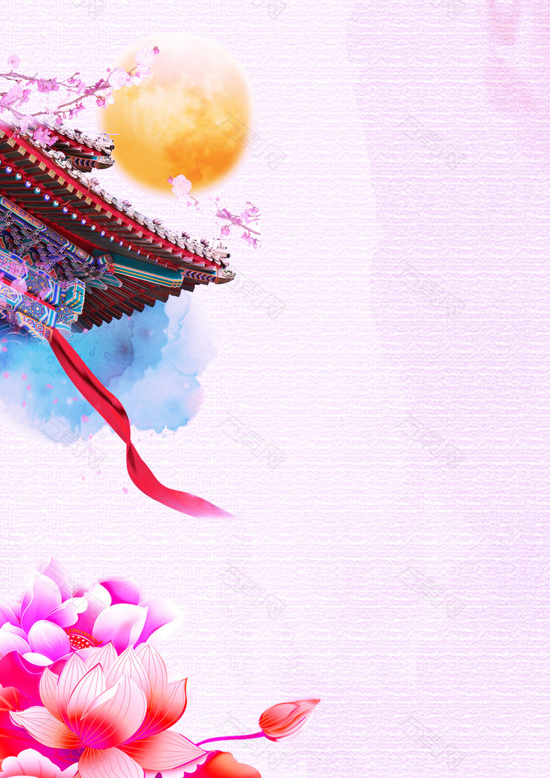 美丽屋檐月亮粉色背景素材