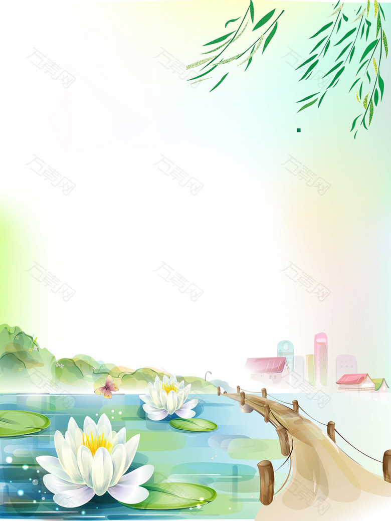 彩色意境手绘荷塘荷花风景树枝背景素材