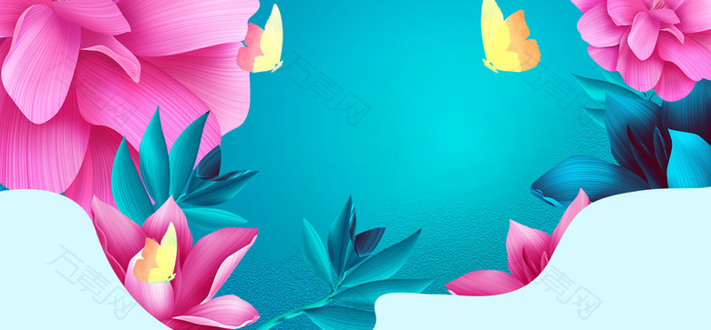 夏日美妆红花简约蓝色背景