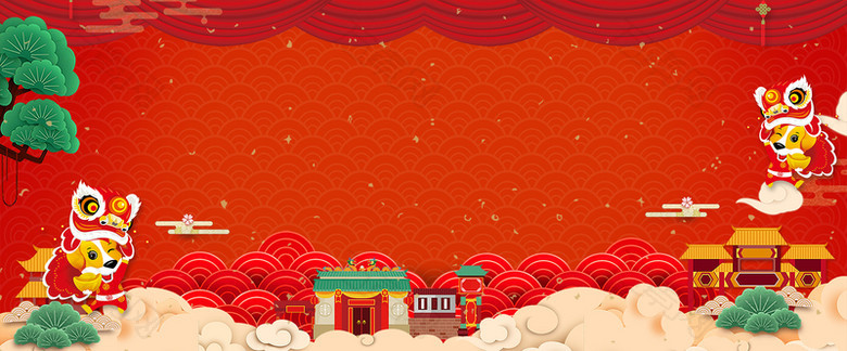 文艺新年舞狮简约红色背景