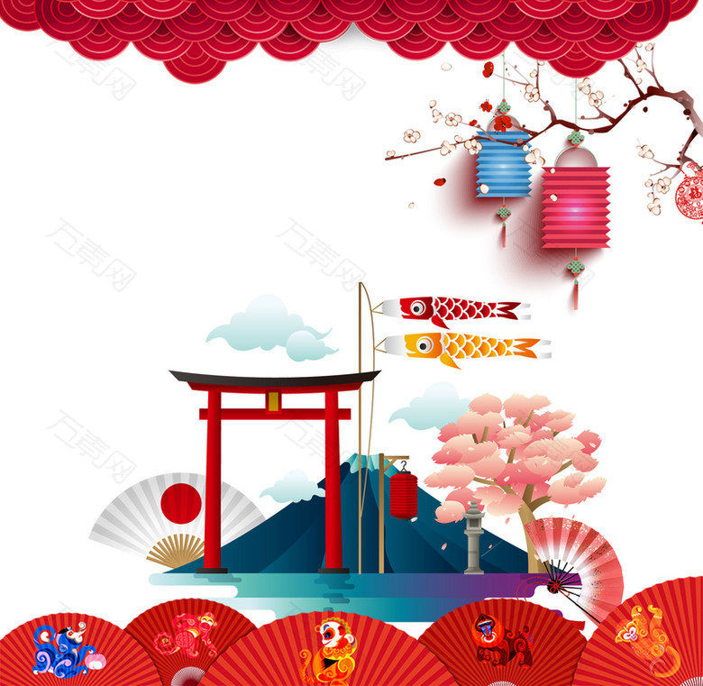 红色喜庆扁平风景折扇灯笼背景素材