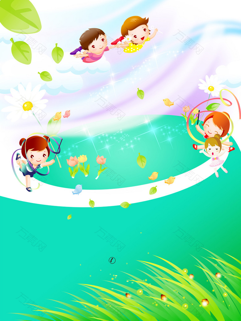 卡通小孩草地绿色背景素材