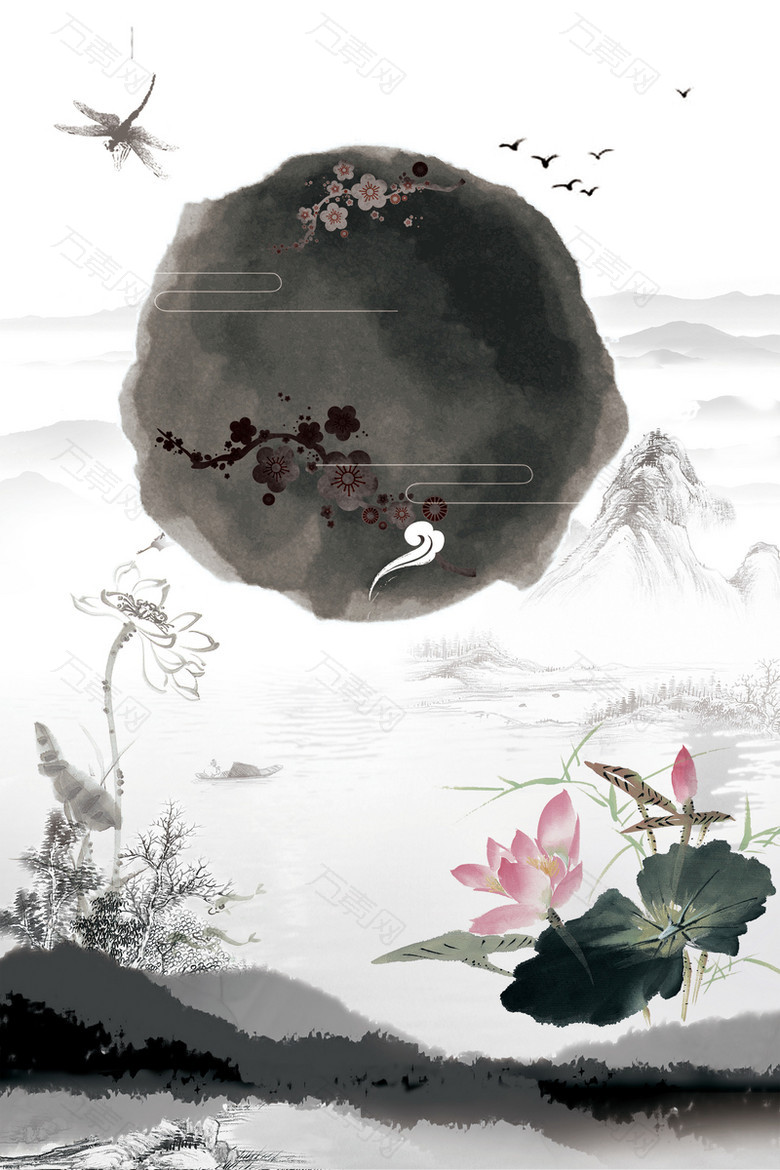 古风水墨山水荷花中国风背景素材