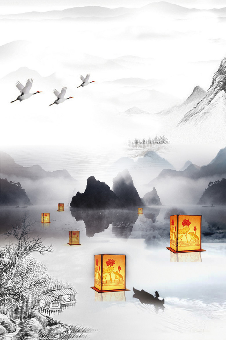 古风水墨中元节广告背景