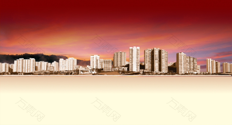 红色晚霞城市背景海报背景模板