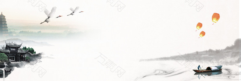 山水仙鹤古塔水墨风江南国庆游banner