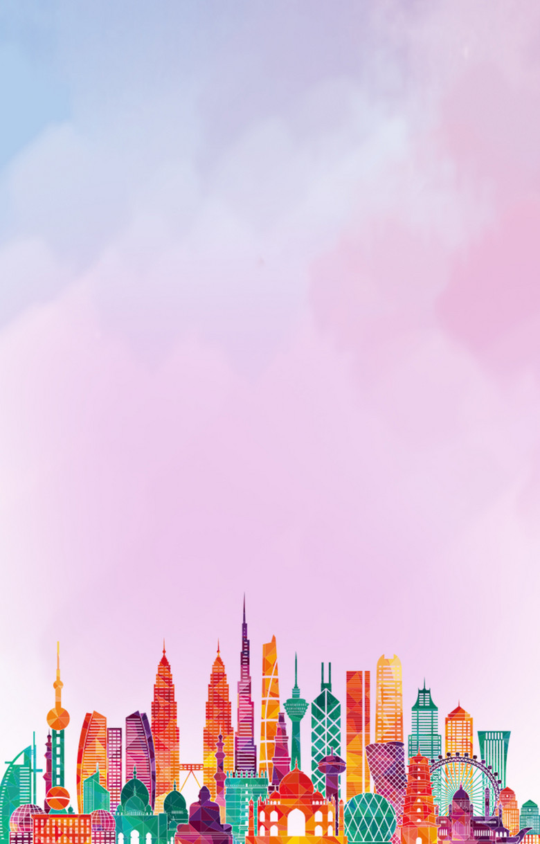 五彩卡通城市背景海报psd