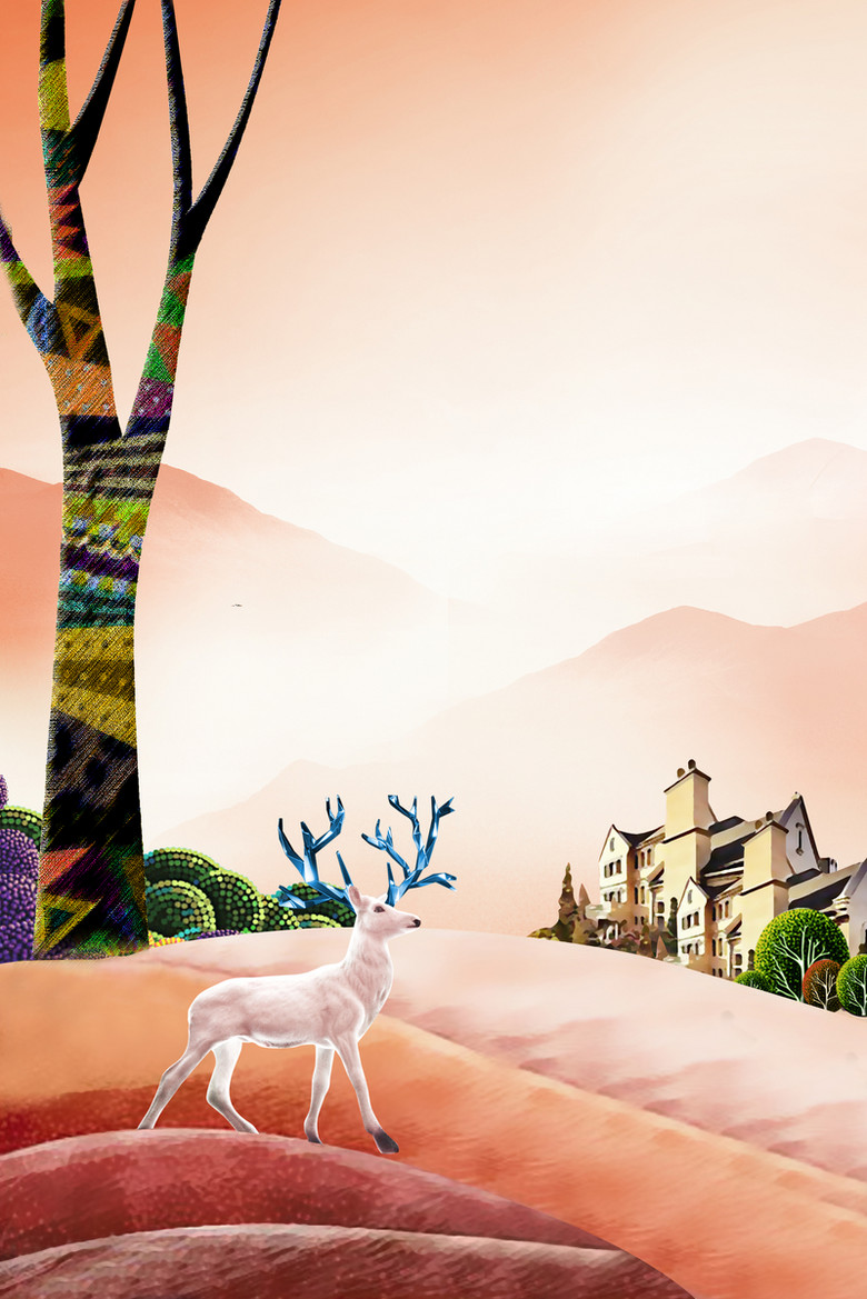 唯美山景彩绘房地产海报背景素材