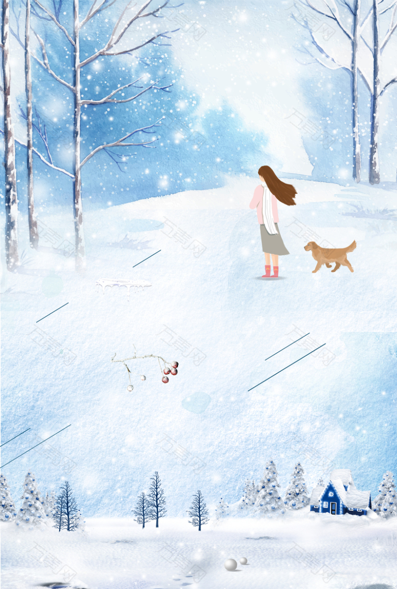 女孩赏雪卡通文艺手绘蓝色banner