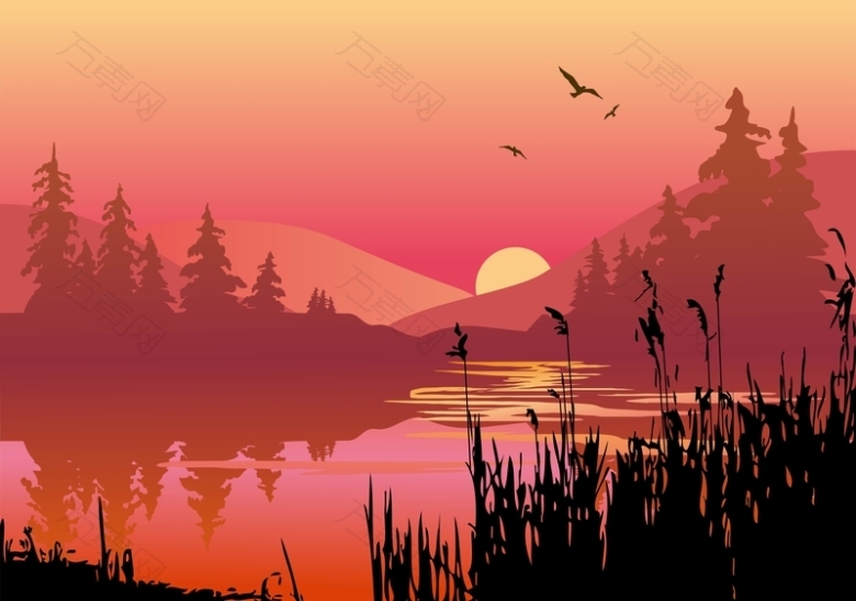 矢量手绘夕阳晚霞风光背景