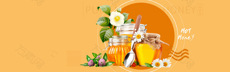 蜂蜜美食百花绿叶质感橙色背景banner
