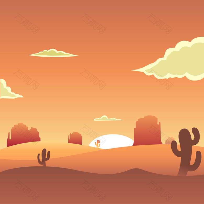 西部沙漠卡通夕阳背景素材