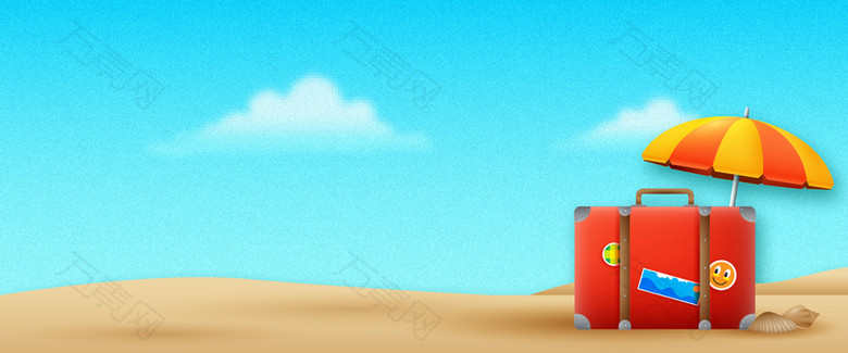 夏日海边出游卡通童趣蓝色背景