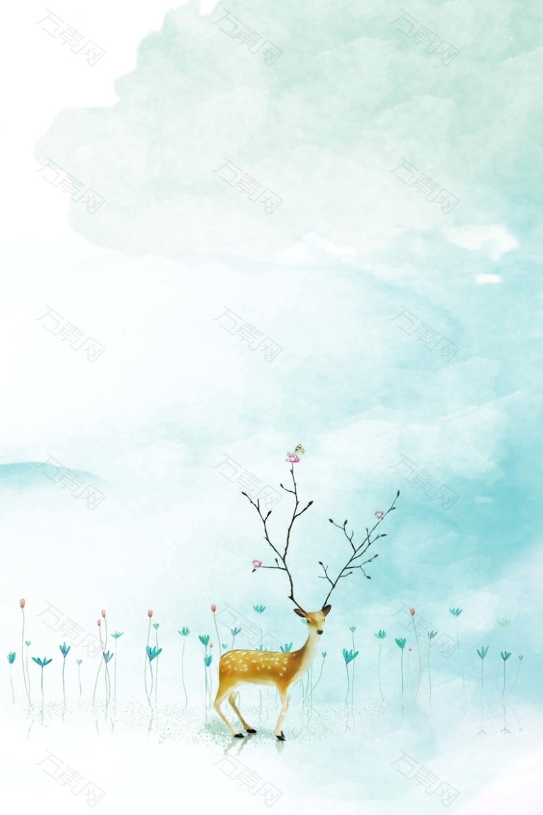 圣诞节小鹿绿色系水彩手绘海报