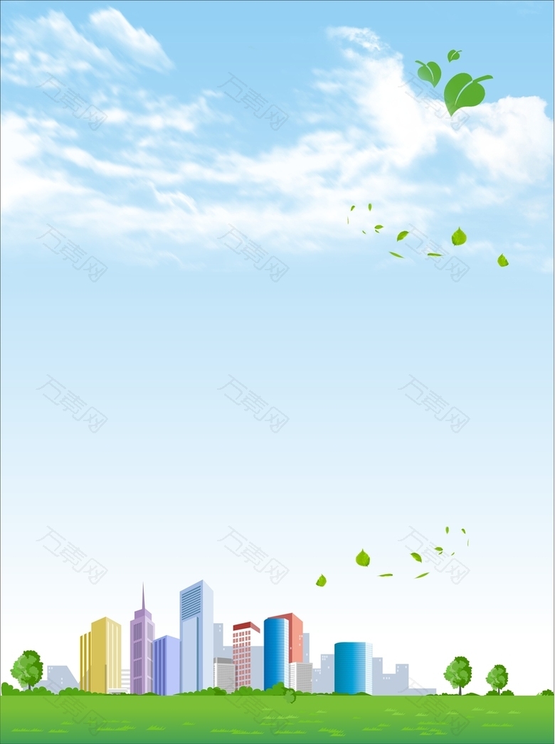 大气蓝天白云绿叶楼房背景